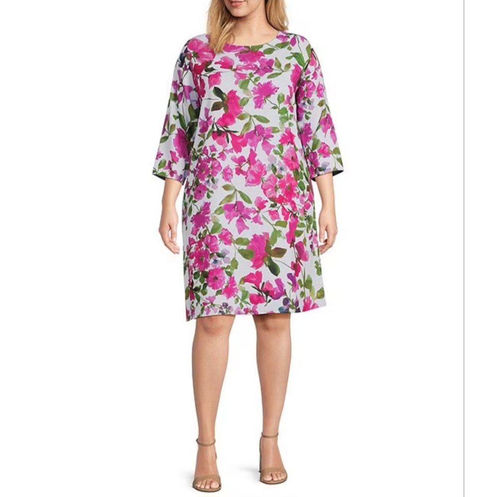 Caroline Rose Bright Blooms Floral Print Round Neck 3/4 Sleeve A-Line Dress